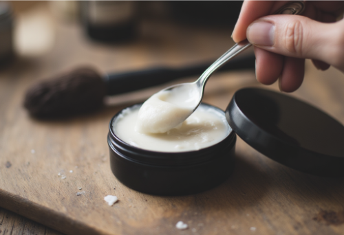 Vizualization of eddible paste Black cosmetic tin with spoon