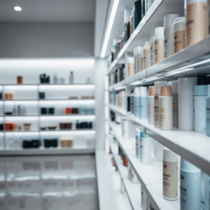 Regal mit verschiedenen Deos- und Kosmetikprodukte